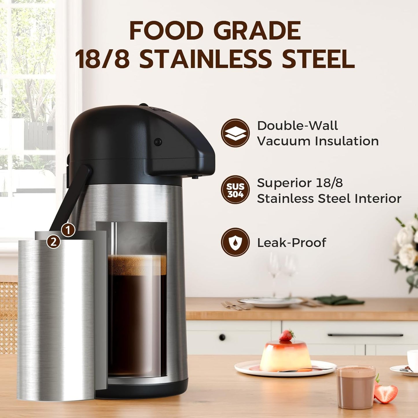 Coffee Carafe for Keeping Hot - Gezoss 102OZ / 3L Airpot Coffee Dispenser with Pump - Large Coffee Carafe for Hot Drinks Tea Liquid - Insulated Stainless Steel Hot Water Beverage Urn for Parties
