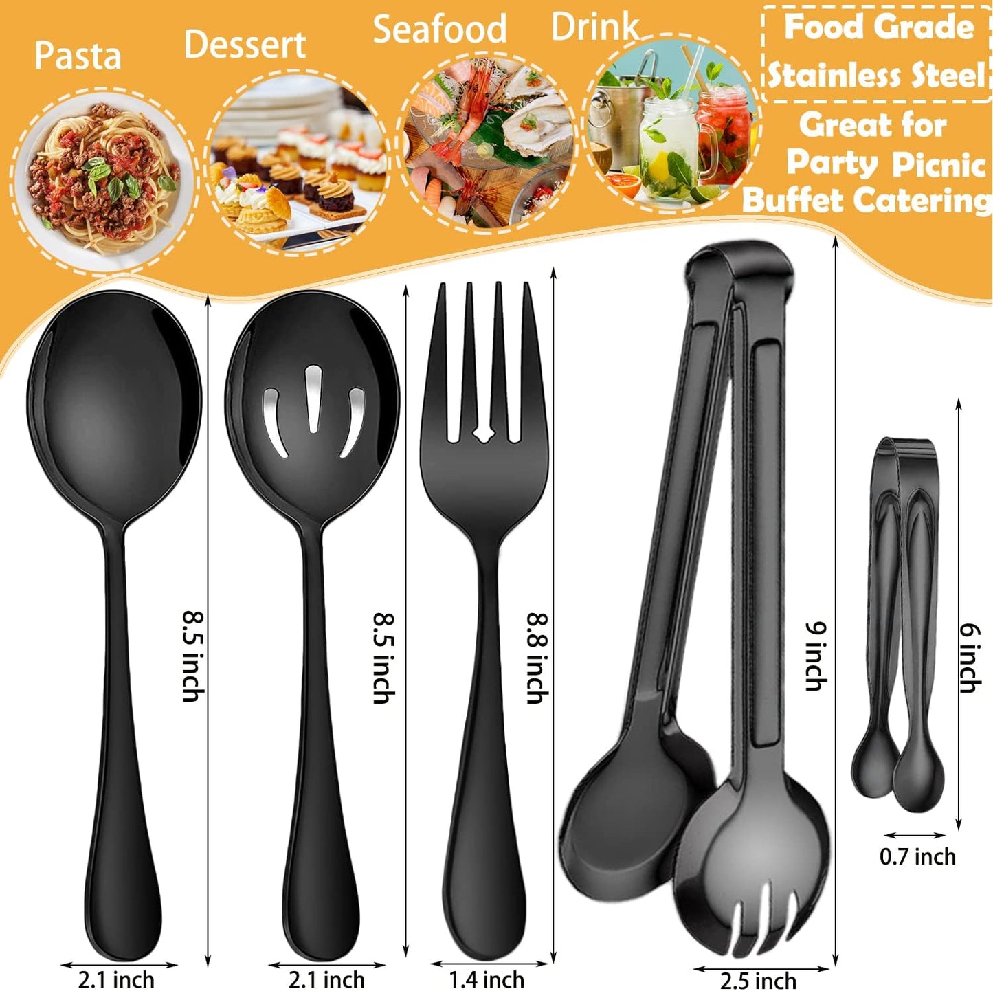 11 PCS Serving Utensils, Large Stainless Steel Spoons Forks Tongs, Pie Server, Great for Hostess Buffet Catering Banquet Party, Silver