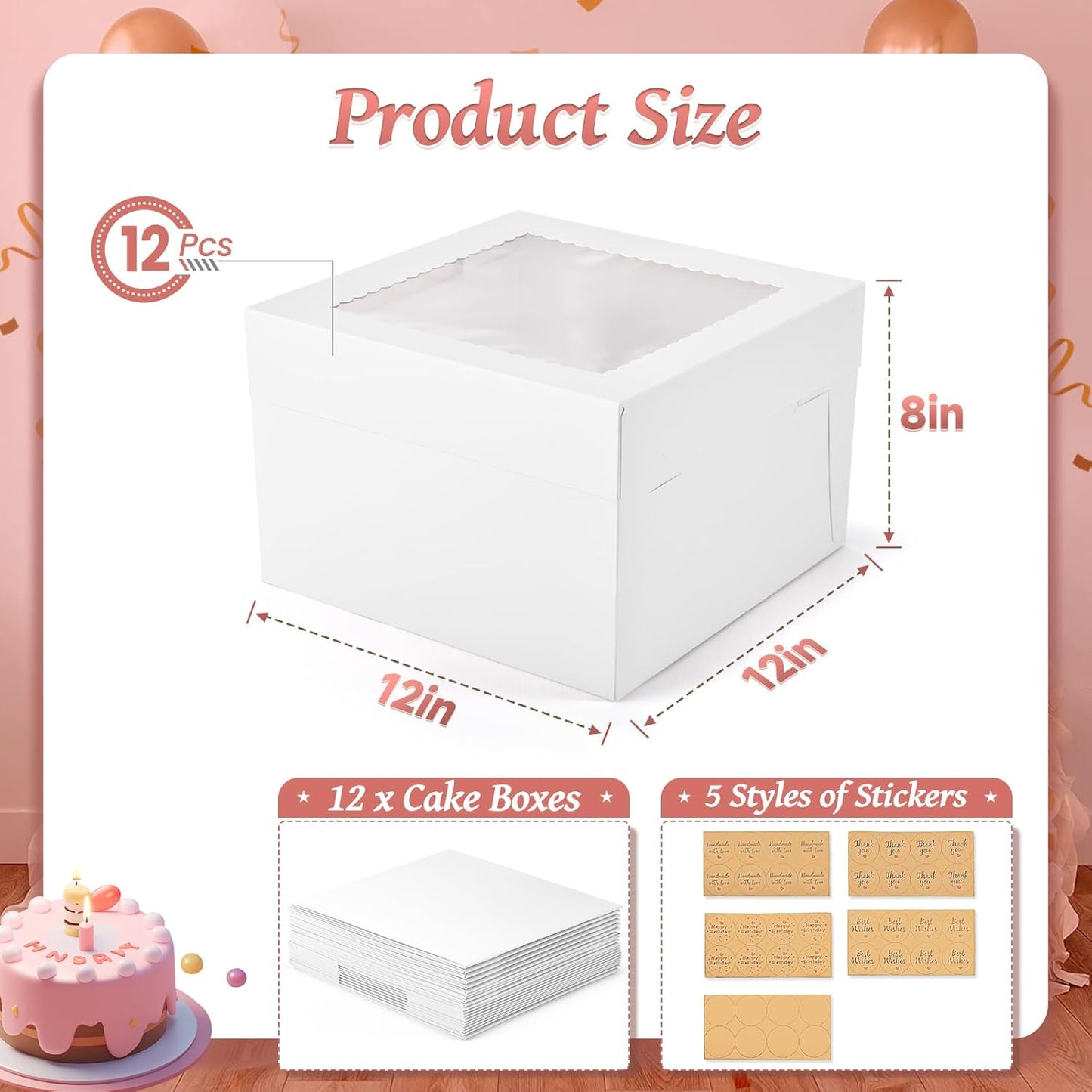 12Pcs 8x8x8 Inches Cake Boxes, Pink Square Bakery Boxes with Window, Disposable Cake Carrier Container for Pastries, Pie, Cookies, Chocolates, Cupcakes, Birthday Party, Wedding