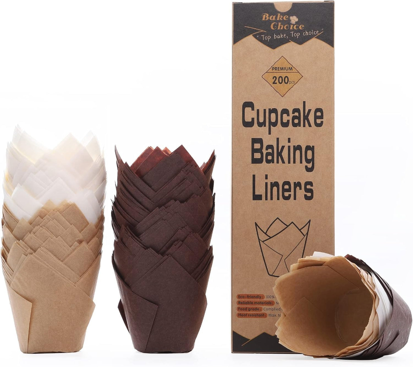 Bake Choice 200pcs Natural Tulip Cupcake Liners for Baking Cups Unbleached European Parchment paper Tulip Muffin Liners, Cupcake Wrapper for Party, Christmas
