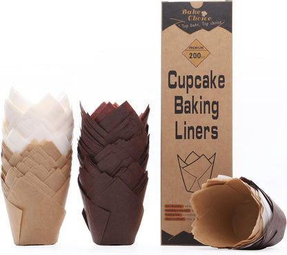 Bake Choice 200pcs Natural Tulip Cupcake Liners for Baking Cups Unbleached European Parchment paper Tulip Muffin Liners, Cupcake Wrapper for Party, Christmas