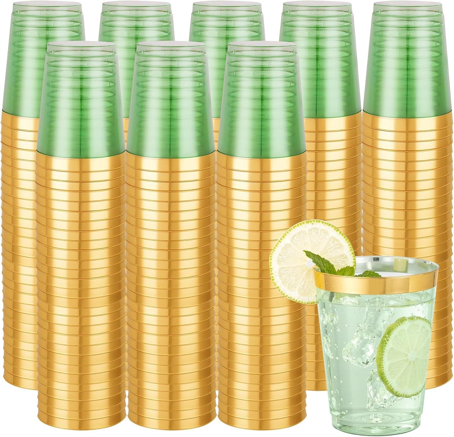 supernal 100pcs Gold Plastic Cups 12 oz, Glitter Clear Disposable Cups Heavy Duty, Fancy Plastic Cocktail Tumblers for Wedding, Parties Champagne & Mixed Drinks