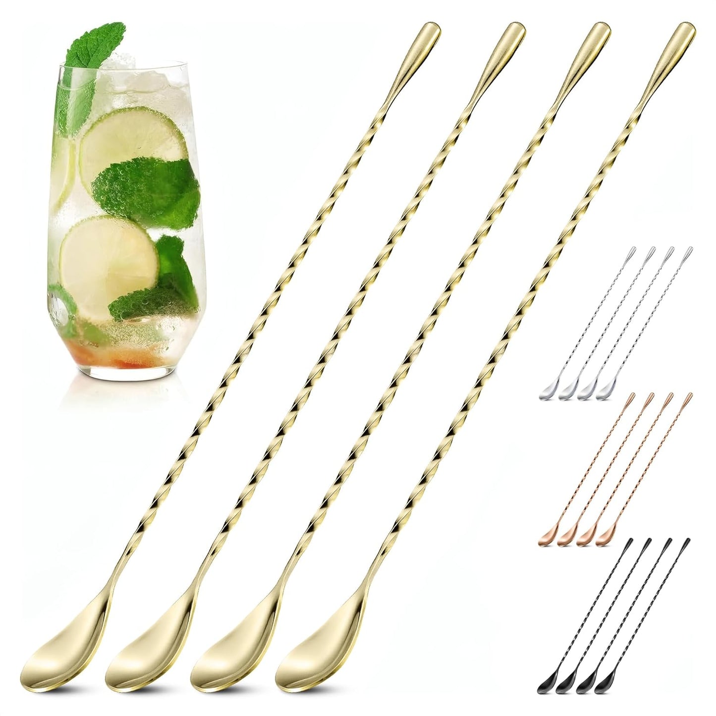 4 Pcs Bar Spoon Cocktail Mixing – Stirs Deep Glasses All the Way to the Bottom, Even Mixing & Easy Drink Layering – 12'' Long Balanced Stainless Steel Cocktail Stirrers for Drinks with Twisted Handle