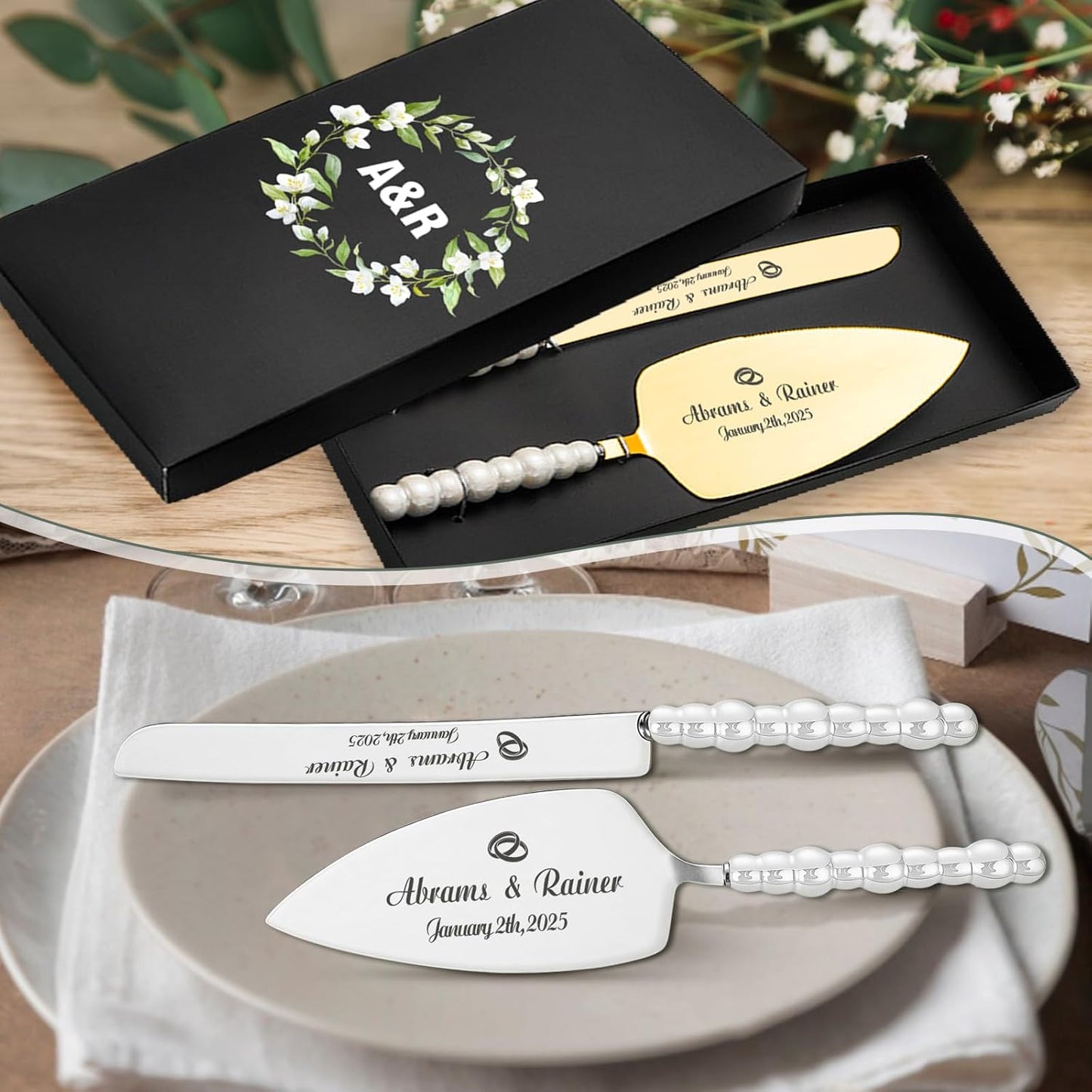 HJX Personalized Wedding Cake Knife and Server Set with Champagne Flutes, Custom Name Text Toasting Glasses for Bride and Groom, Cake Cutting Set Ideal Wedding Engagement Bridal Shower Gift