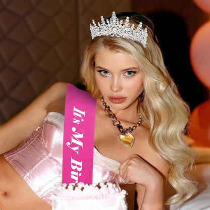 CURASA Birthday Tiara and Sash - Silver Birthday Crown for Women, Perfect for Parties and Celebrations