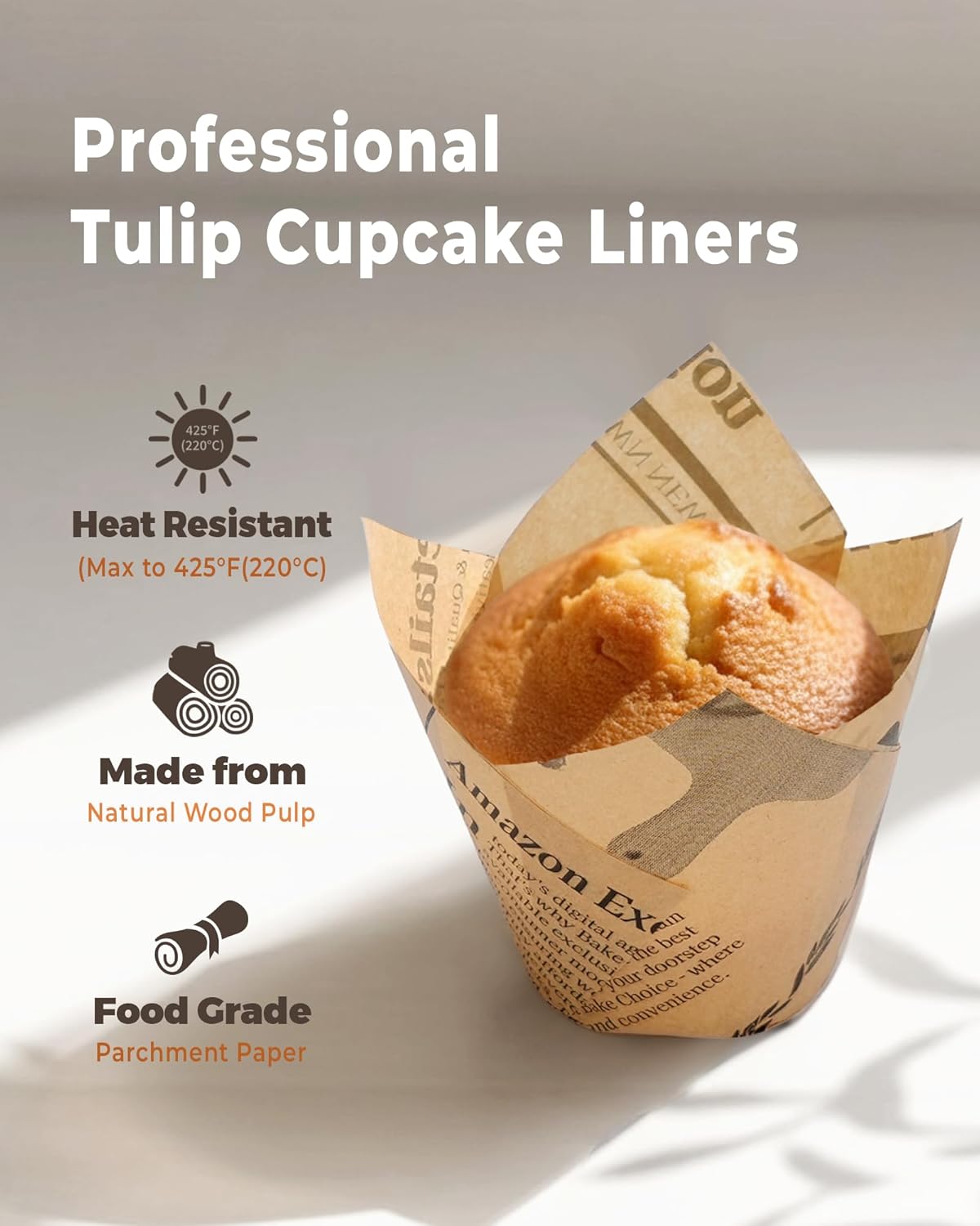 Bake Choice 200pcs Natural Tulip Cupcake Liners for Baking Cups Unbleached European Parchment paper Tulip Muffin Liners, Cupcake Wrapper for Party, Christmas