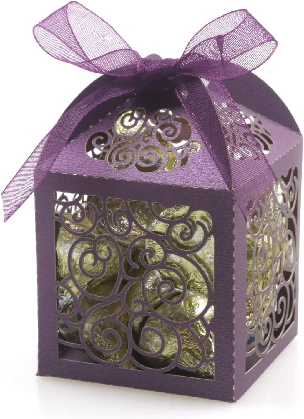 KPOSIYA 100 Pack Wedding Favor Boxes Laser Cut Boxes Party Favor Box Small Gift Boxes Lace Candy Boxes for Wedding Bridal Shower Baby Shower Birthday Party Anniverary with Ribbons (Pink, 100)