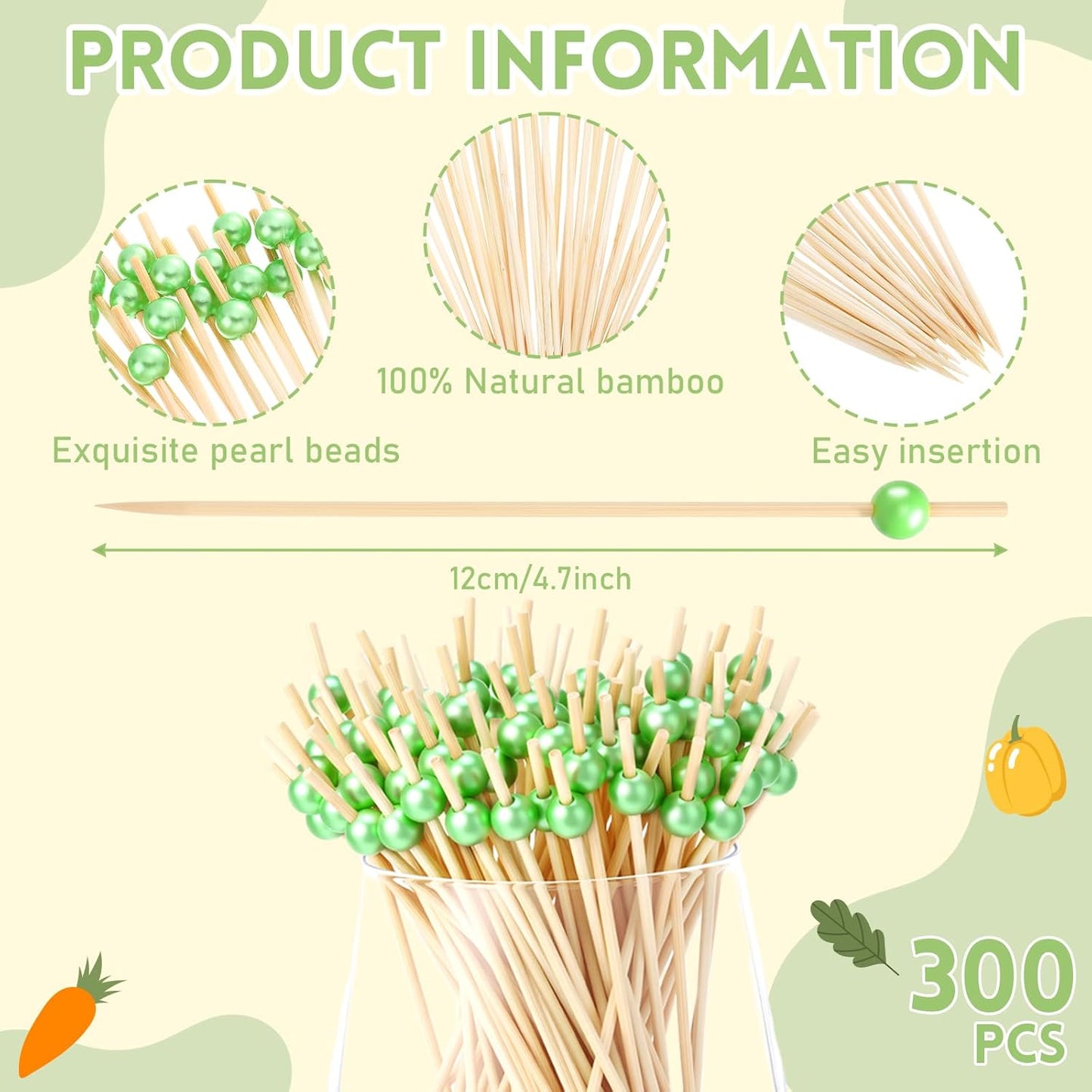 Reallnaive 600 Pcs Cocktail Pick Pearl Fancy Toothpick for Appetizer 4.7 Inch Long Skewer for Drink Fruit Food Bamboo Stick Wedding Bridal Shower Decoration Charcuterie Accessories (White)