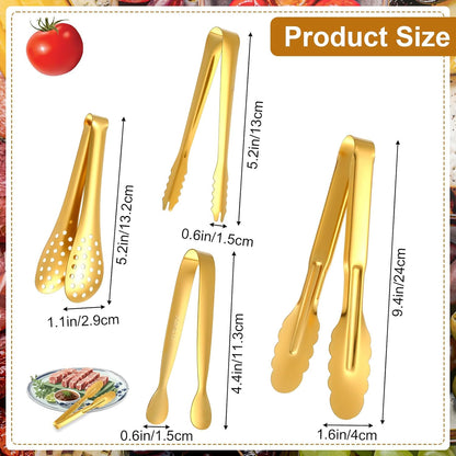 12 Pcs Gold Tongs for Serving Food Stainless Steel Small Gold Serving Tongs for Appetizer Tea Party Coffee Bar Food Ice Salad Barbecue Cookies Sugar, 4 Styles