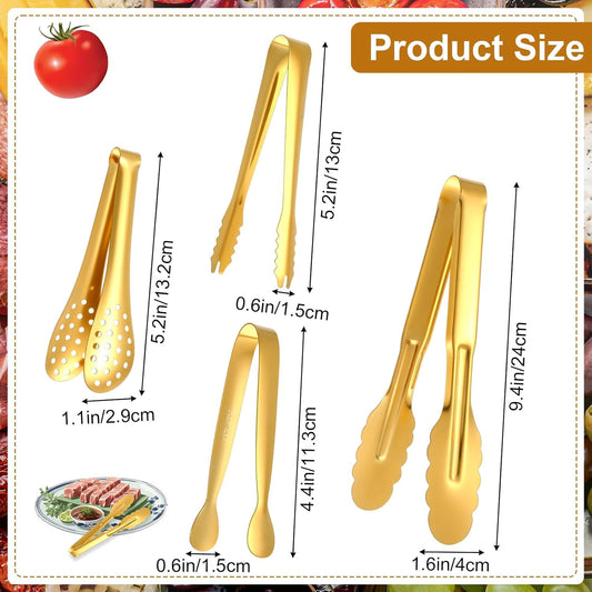 12 Pcs Gold Tongs for Serving Food Stainless Steel Small Gold Serving Tongs for Appetizer Tea Party Coffee Bar Food Ice Salad Barbecue Cookies Sugar, 4 Styles