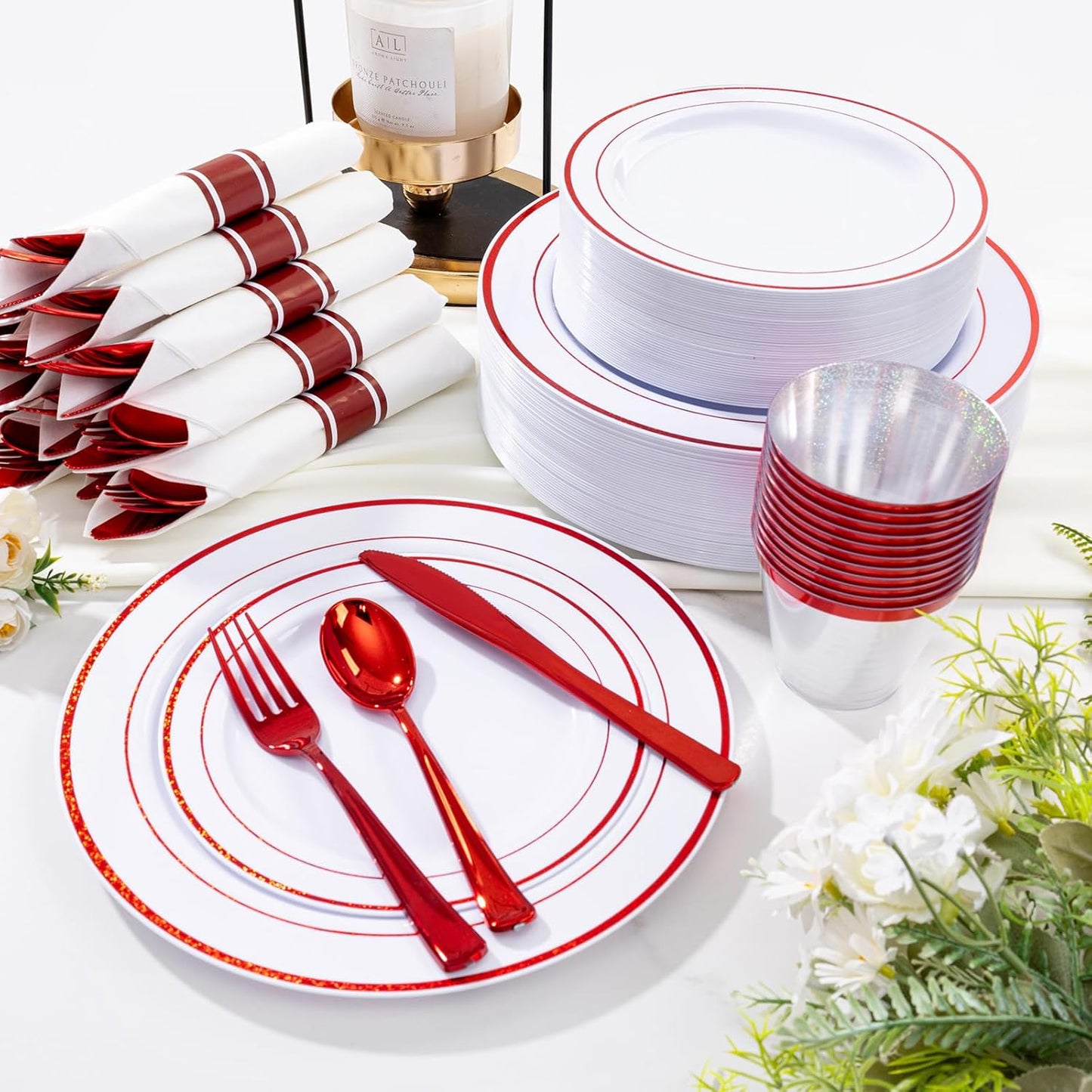 WELLIFE 350-Piece Gold Disposable Plates and Cutlery Set - Premium 10.25" Dinner Plates, 7.5" Dessert Plates, 9oz Cups & Cutlery for Weddings, Catering Events - 50 Guest Service - Elegant & Sturdy