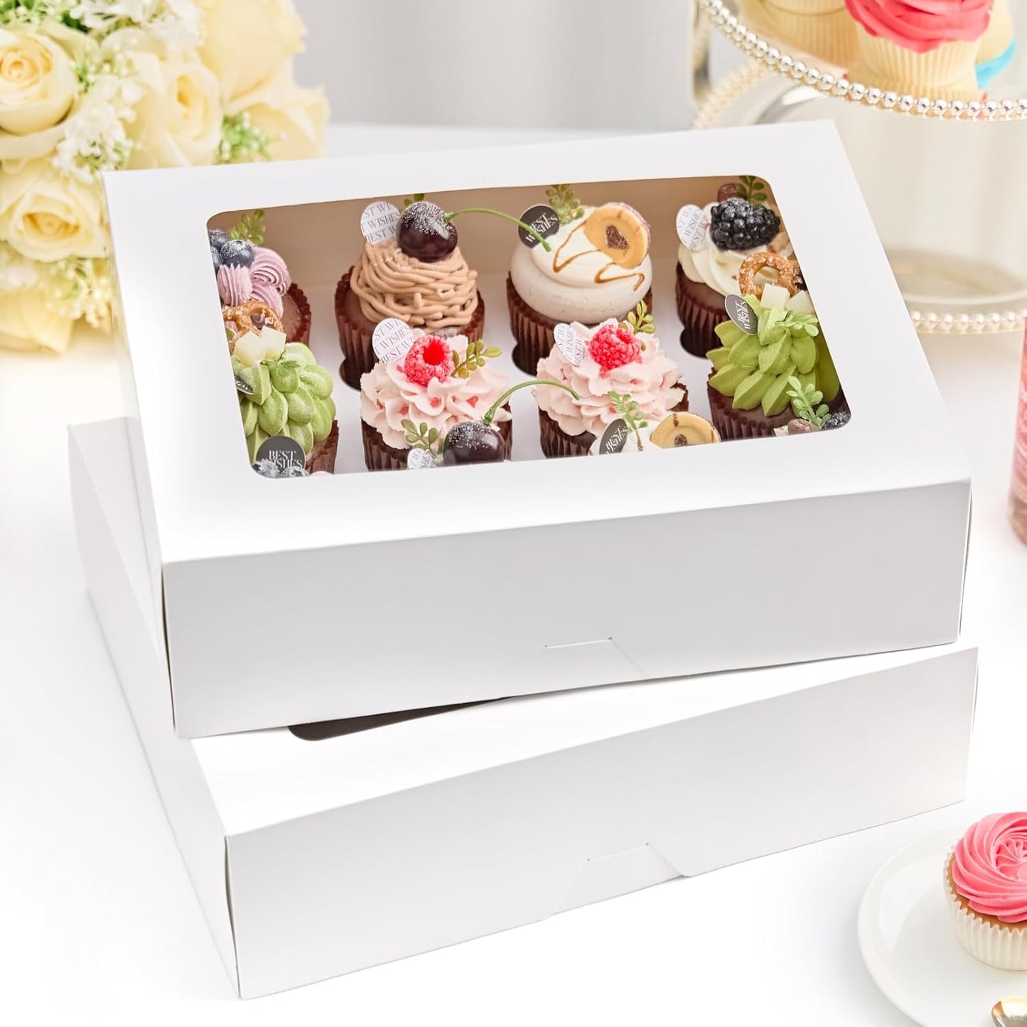 Kucoele 12 Count Cupcake Boxes, 6 Pack White Cupcake Containers with Windows and Inserts, Disposable Cupcake Carriers for Muffins, Treats, Pastries, 13 x 10 x 4 Inches