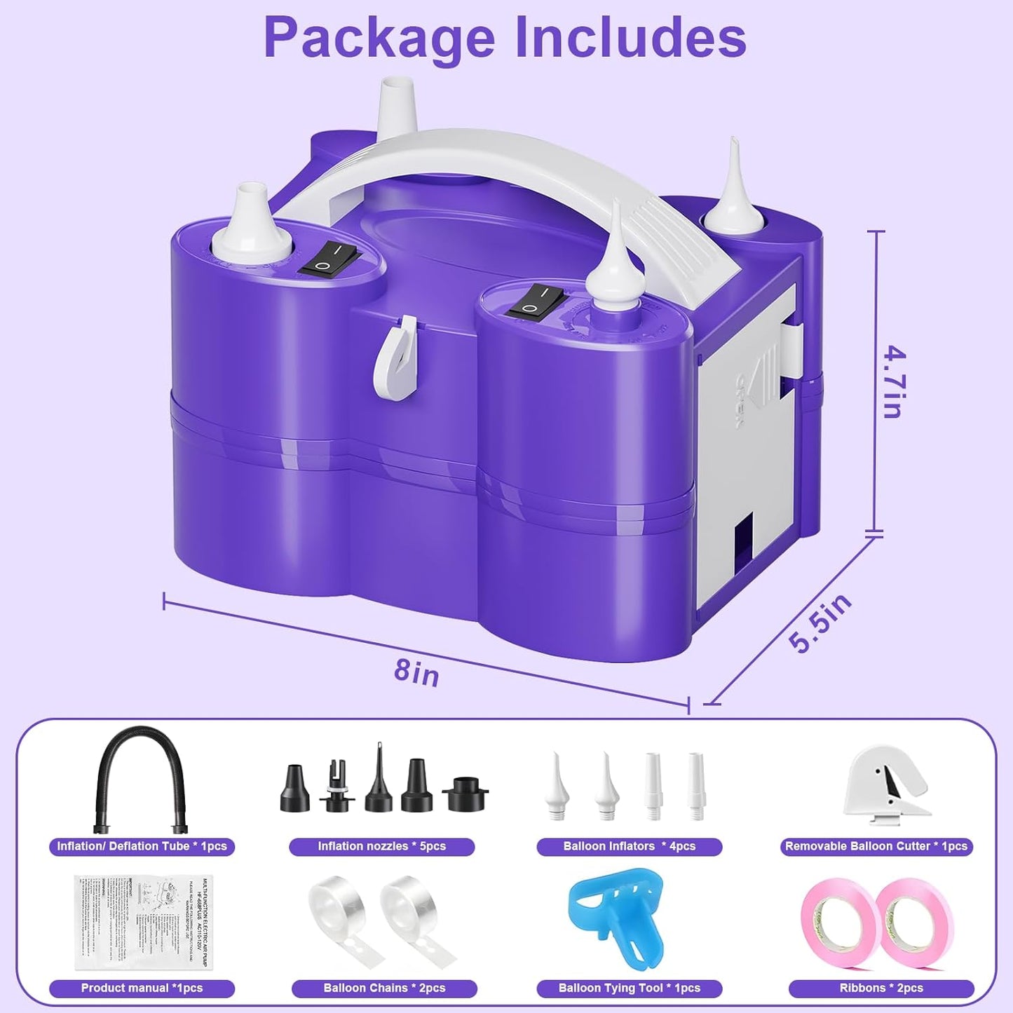 FLSEPAMB Electric Balloon Pump, 3-in-1 Portable Electric Air Balloon Blower Machine Balloon Pump 2 Motor Dual Nozzle Balloon Inflator for Latex 260Q Long Foil Balloons Swimming Rings Air Beds