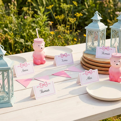 Wedding Place Cards, 50 Pcs Pink Bow Name Cards for Table Setting, Folded Tent Card for Baby Shower, Bachelorette Party & Bridal Shower, 3.54 x 1.96 Inch (Pink)