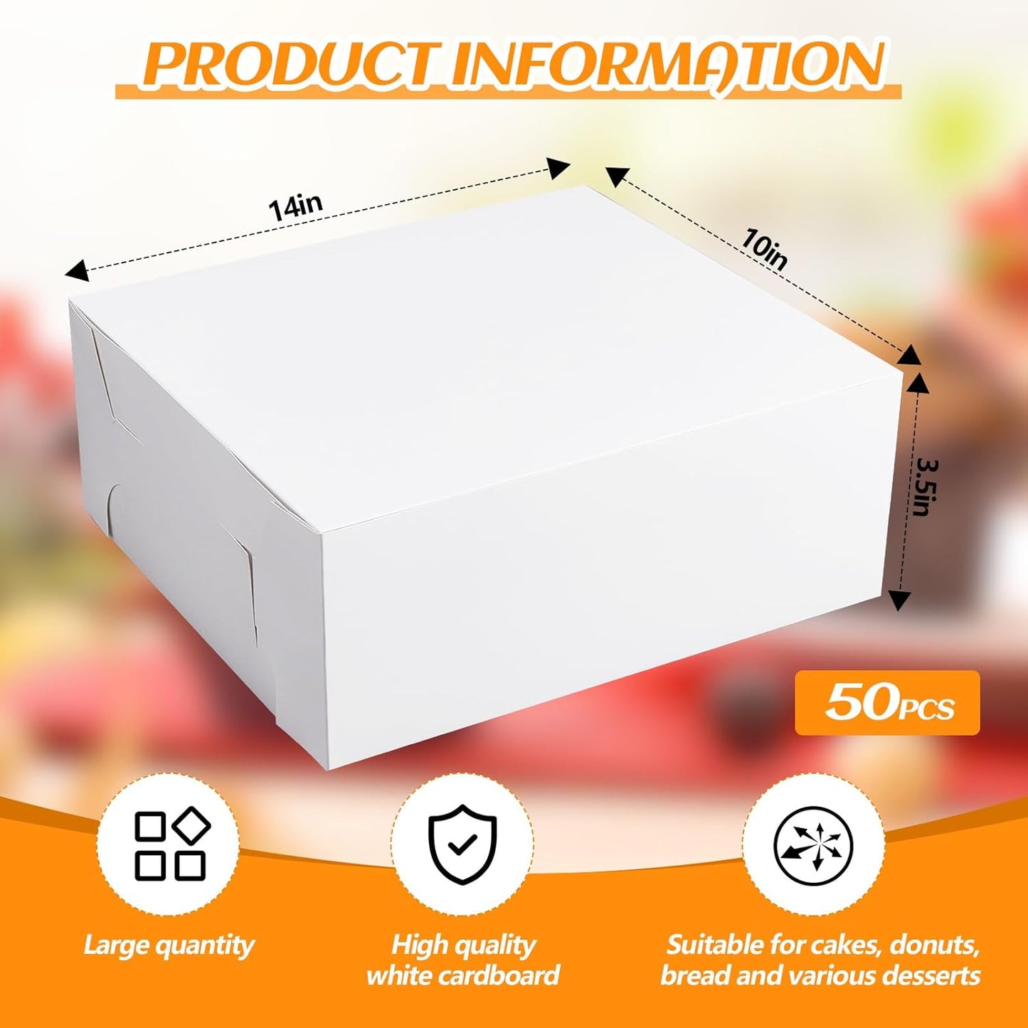 Ireer 50 Pack 12 x 12 x 5 Inch White Cake Boxes Cardboard Bakery Boxes for Pie Pastry Cookie