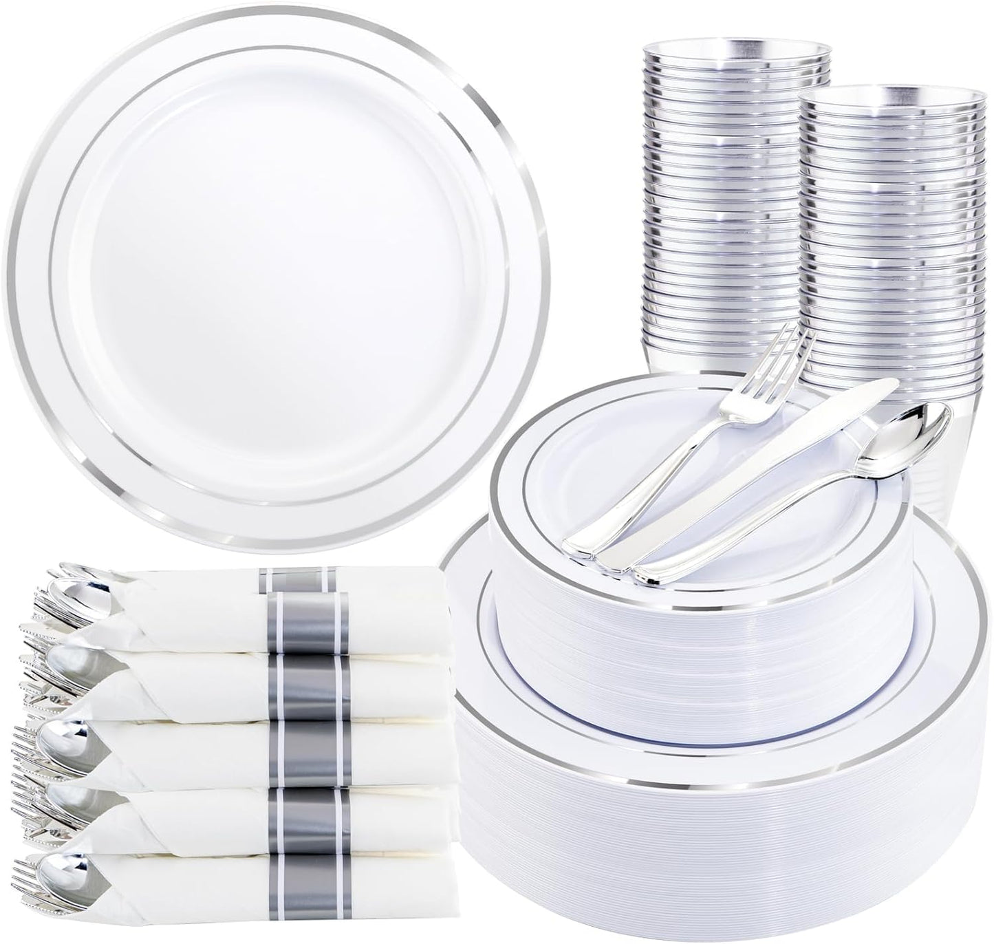 350 Pieces Black and Gold Plastic Plates with Disposable Silverware, Include 50 Dinner Plates 9”, 50 Dessert Plates 6.3”, 50 Black Cups 9 OZ, 50 Pre Rolled Napkins for Wedding Party Graduation