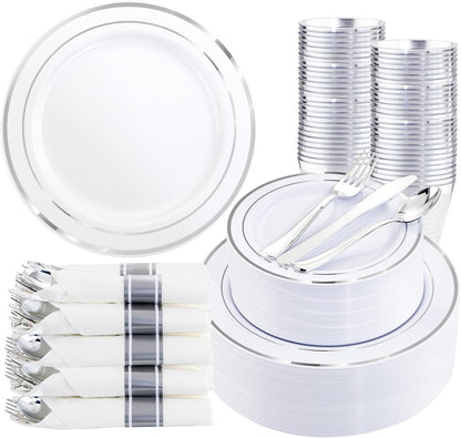 350 Pieces Black and Gold Plastic Plates with Disposable Silverware, Include 50 Dinner Plates 9”, 50 Dessert Plates 6.3”, 50 Black Cups 9 OZ, 50 Pre Rolled Napkins for Wedding Party Graduation