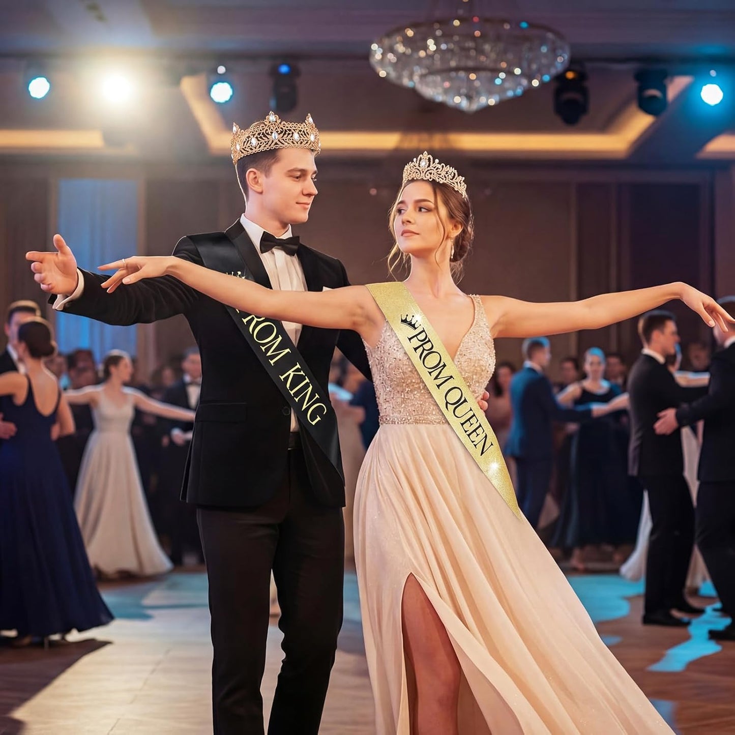 Lyrow 4 Pcs Prom King and Queen Crown Set, Prom King Crown with Sash for Graduation, Queen Tiara with Sash for Grad Couple Accessories Homecoming Birthday Party(Cute,Black,White)
