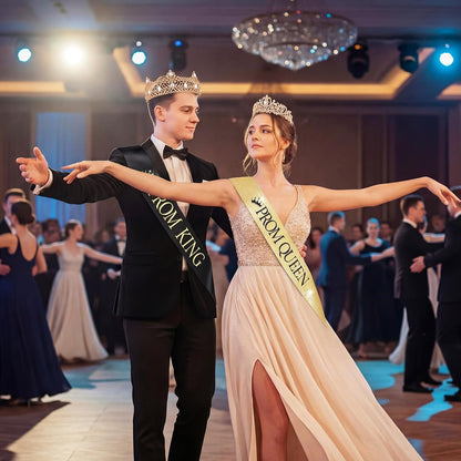 Lyrow 4 Pcs Prom King and Queen Crown Set, Prom King Crown with Sash for Graduation, Queen Tiara with Sash for Grad Couple Accessories Homecoming Birthday Party(Cute,Black,White)