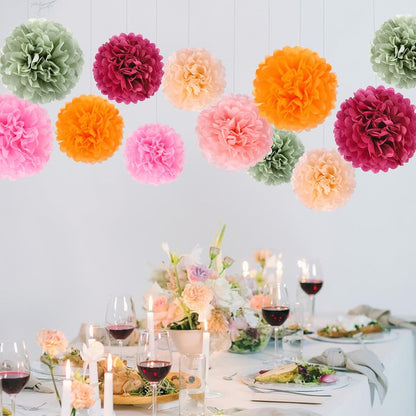 BestoFun 16 PCS Sage Green Party Decorations Tissue Paper Flowers Christmas Party Decors Hanging Pom Poms Decorations for Xmas New Year Winter Holiday Decorations