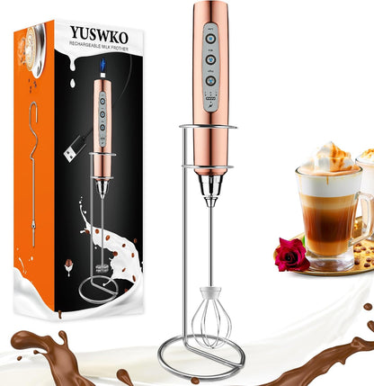 YUSWKO Black Handheld Milk Frother Wand for Coffee, Rechargeable Electric Whisk with 3 Heads 3 Speeds Drink Mixer Coffee Frother For Latte, Cappuccino, Hot Chocolate, Egg