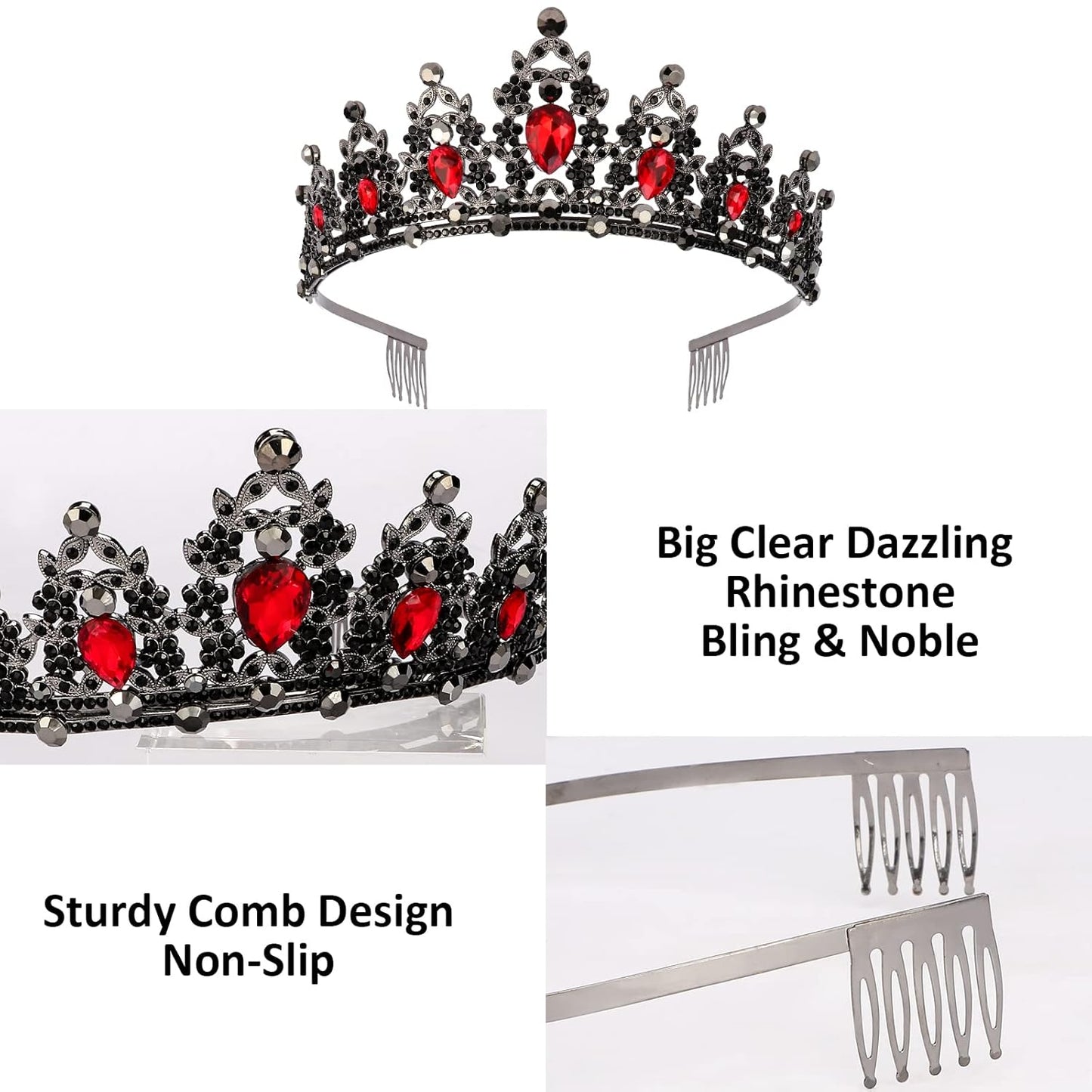 CAVETEE Red Black Birthday Crown and Sash for Women Sash & Rhinestone Tiara Set Red and Black Party Decorations Birthday Queen Crowns Tiaras for Women