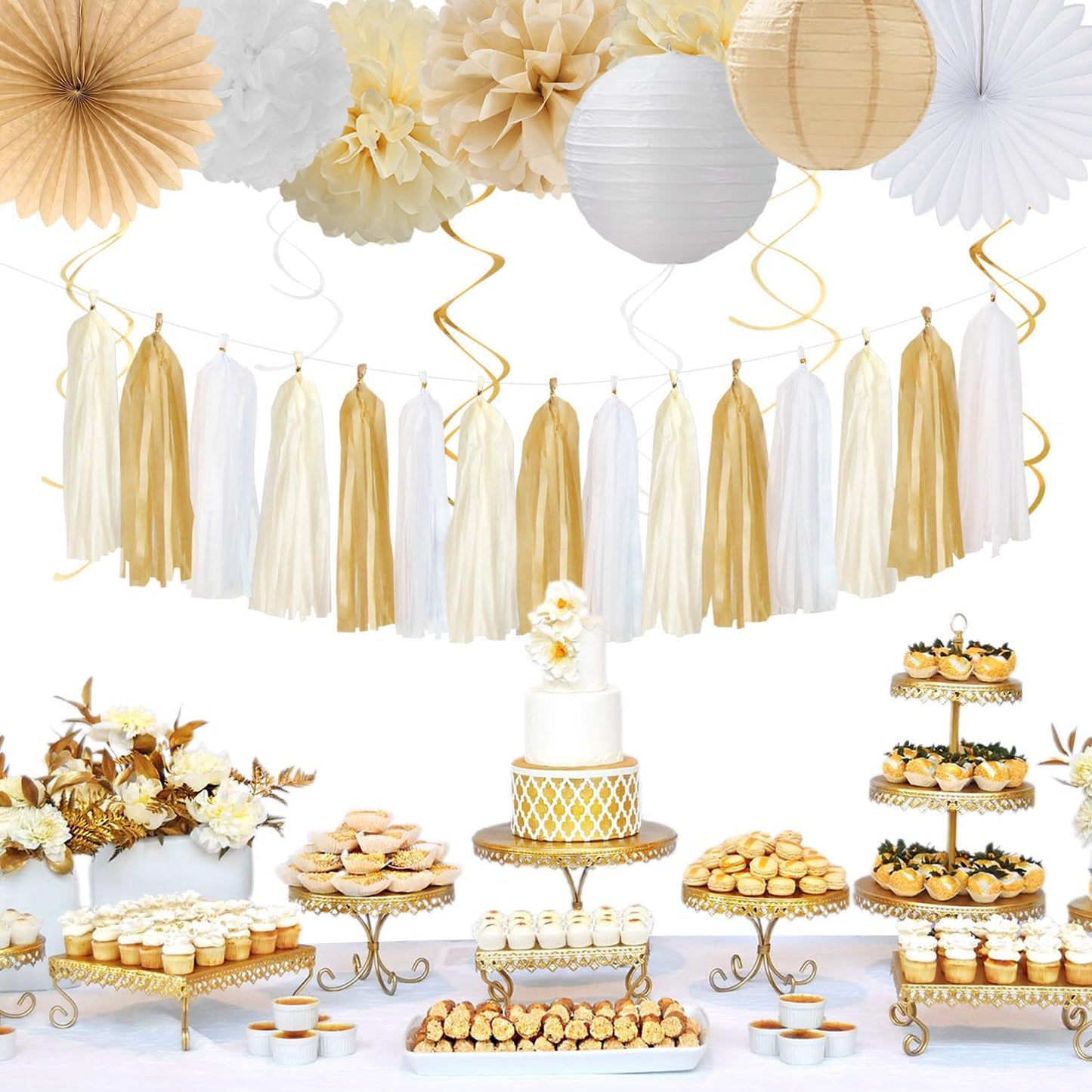 Champagne-Gold Beige Fall Baby-Shower Party-Decorations - 36pcs Welcome Home Banner Sign,Neutral Paper Lanterns,Girl Streamers Garland,Boho Hanging Tissue Pom Poms Flowers Fans Backdrop Decor Burgleda