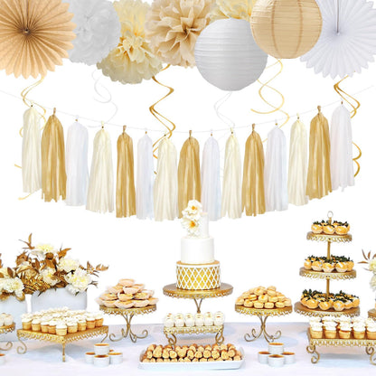 Champagne-Gold Beige Fall Baby-Shower Party-Decorations - 36pcs Welcome Home Banner Sign,Neutral Paper Lanterns,Girl Streamers Garland,Boho Hanging Tissue Pom Poms Flowers Fans Backdrop Decor Burgleda