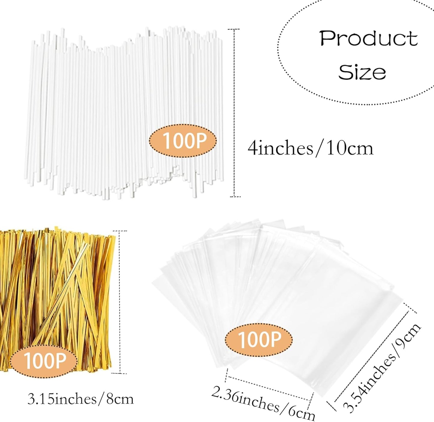 4-inch White Lollipop Sticks and Bags Set, 100Pcs Paper Candy Sticks,100Pcs Clear Bags, 100Pcs Twist Ties for Hard Candy, Chocolate, Cookie, Dessert (Gold)