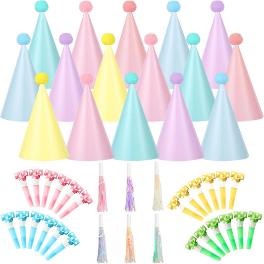 40Pcs Pastel Party Hats and Noise Makers Kits with 18 Rainbow Birthday Hats 16 Tube-style Party Blowers 6 Glitter Fringe Blowers for Pastel Theme Favors Colorful Rainbow Kids Birthday Decoration