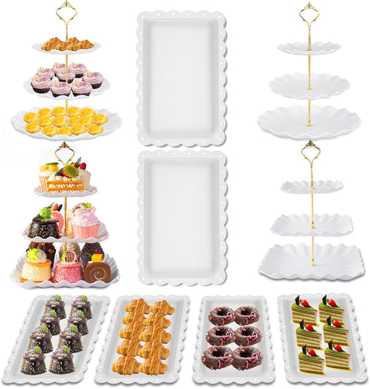 5 Pack Dessert Table Display Set, 2 Sets 3 Tier Cupcake Stand, 3 Pcs Food Serving Trays, Tiered White Plastic Cup Cake Tower for Birthday Baby Shower Wedding and Tea Party Supplies (5, Large)