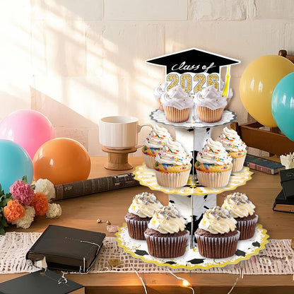 Set of 2 Graduation Cupcake Stand for 50 Cupcakes Black Gold Graduation Cap Decorations Cardboard Cake Dessert Holder Tower for Class of 2026 Congrats Grad Party Supplies