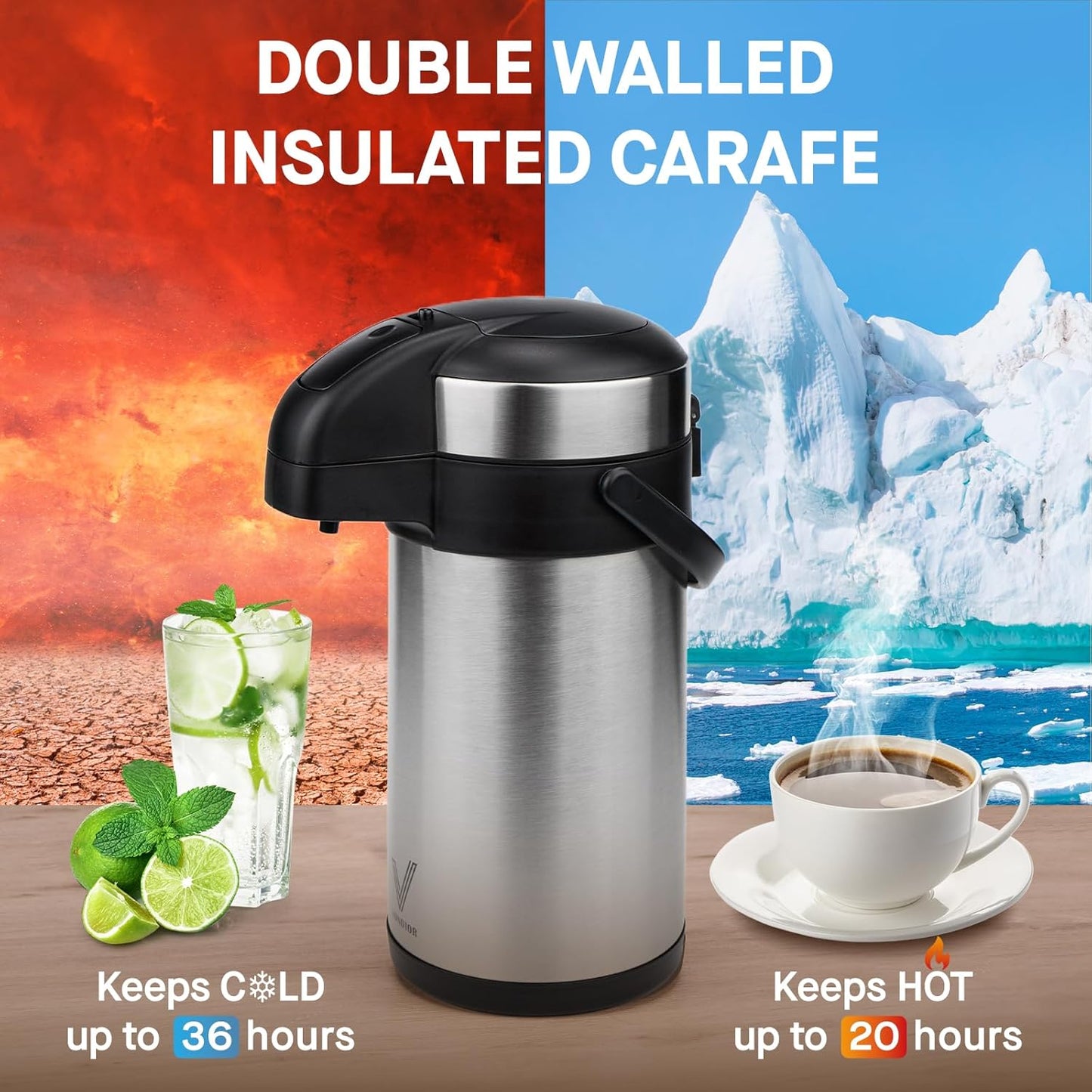 Coffee Carafe for Keeping Hot - 102oz/3L Airpot Coffee Dispenser with Pump - Insulated Stainless Steel Hot Beverage Dispenser for Parties - Thermal Carafe for Hot Drinks Water Tea Chocolate