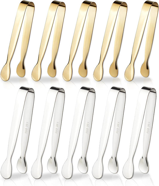 10Pcs Mini Serving Tongs,4.3 Inch Small Stainless Steel Appetizer Tongs for Charcuterie Boards, Tea Parties, Coffee Bar,Appetizers, Ice,Tea Party, Desserts,Gold/Silver