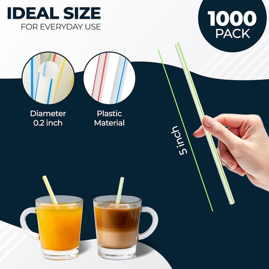 1000 Coffee Stirrers Stir Sticks - 5" Cocktail Straws Drink Stirrer - Striped Assorted Colors Swizzle Barware Whiskey Short Plastic Disposable Stirring Straw, Cocktails Coffee Bar Accessories Supplies