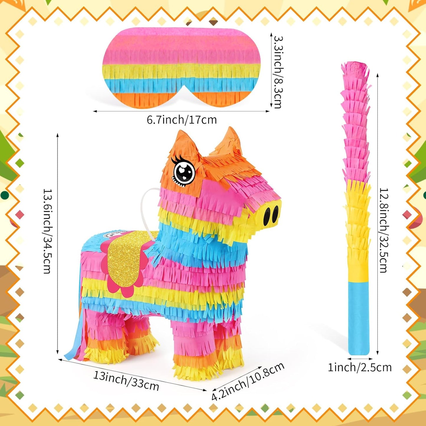 Hooqict Mexican Pinata with Blindfold and Bat Stick Party Pinata for Fiesta Carnival Cinco de Mayo Decorations Kids Adults Mexican Party Games Birthday Party Supplies