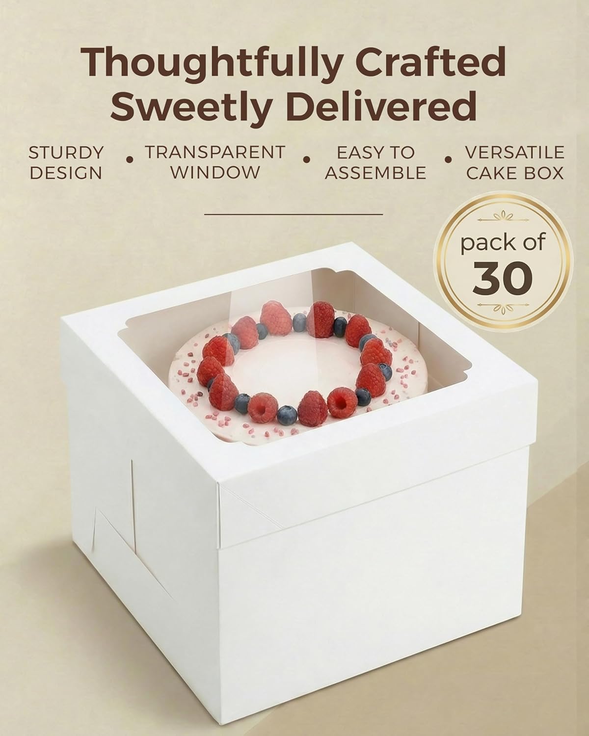 12x12x8 Inch Cake Boxes 20 pcs, Large 12 Inch Cake Box with Window for 8 Inch Tall Tiered Bakery Cakes, Pies, Sturdy Square White Cardboard, Cake Decorating Supplies (80 Pcs Stickers)