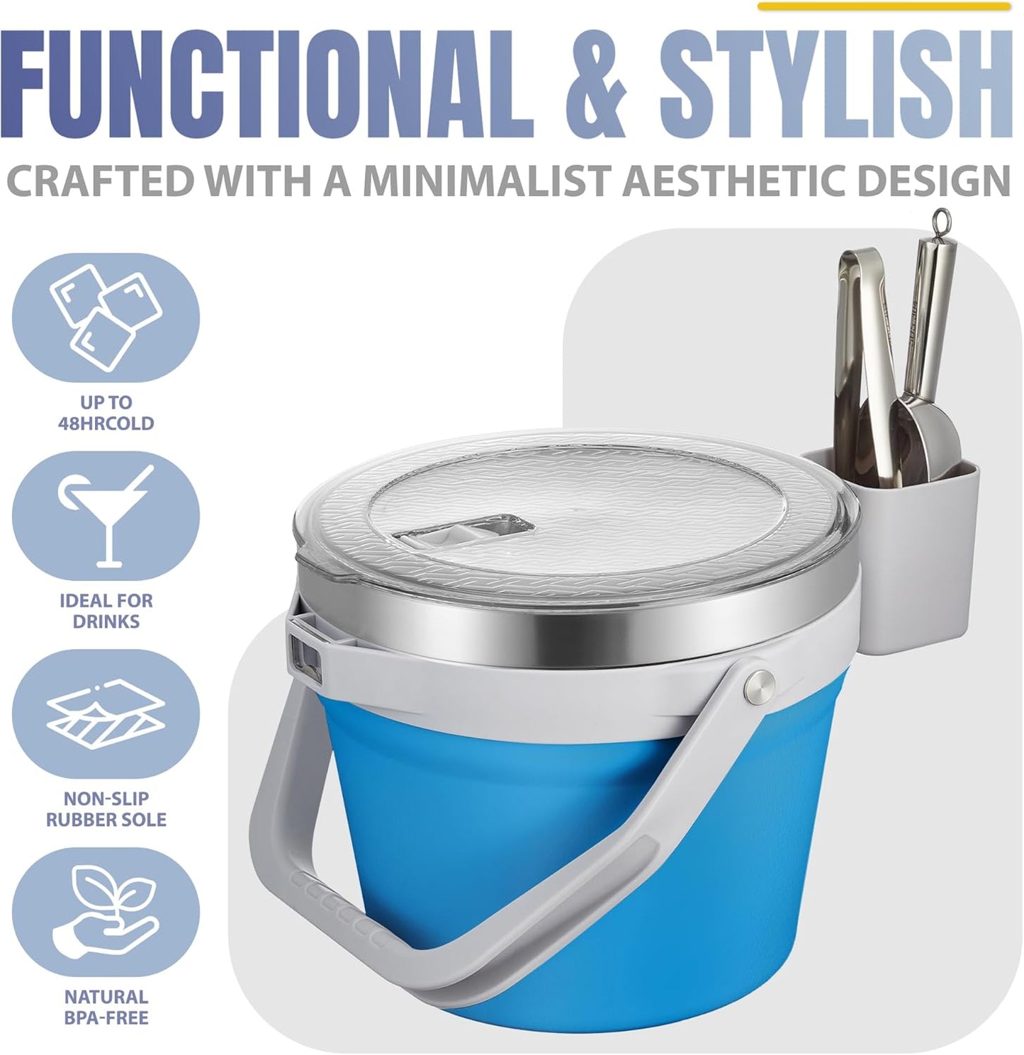COKTIK 7L Vacuum Insulated Ice Bucket with Lid and Scoop& Tongs，Large capacity Stainless Steel Beverage Bucket for Cocktail, Champagne, Wine, Beer，Large Parties（Milk White Suit）