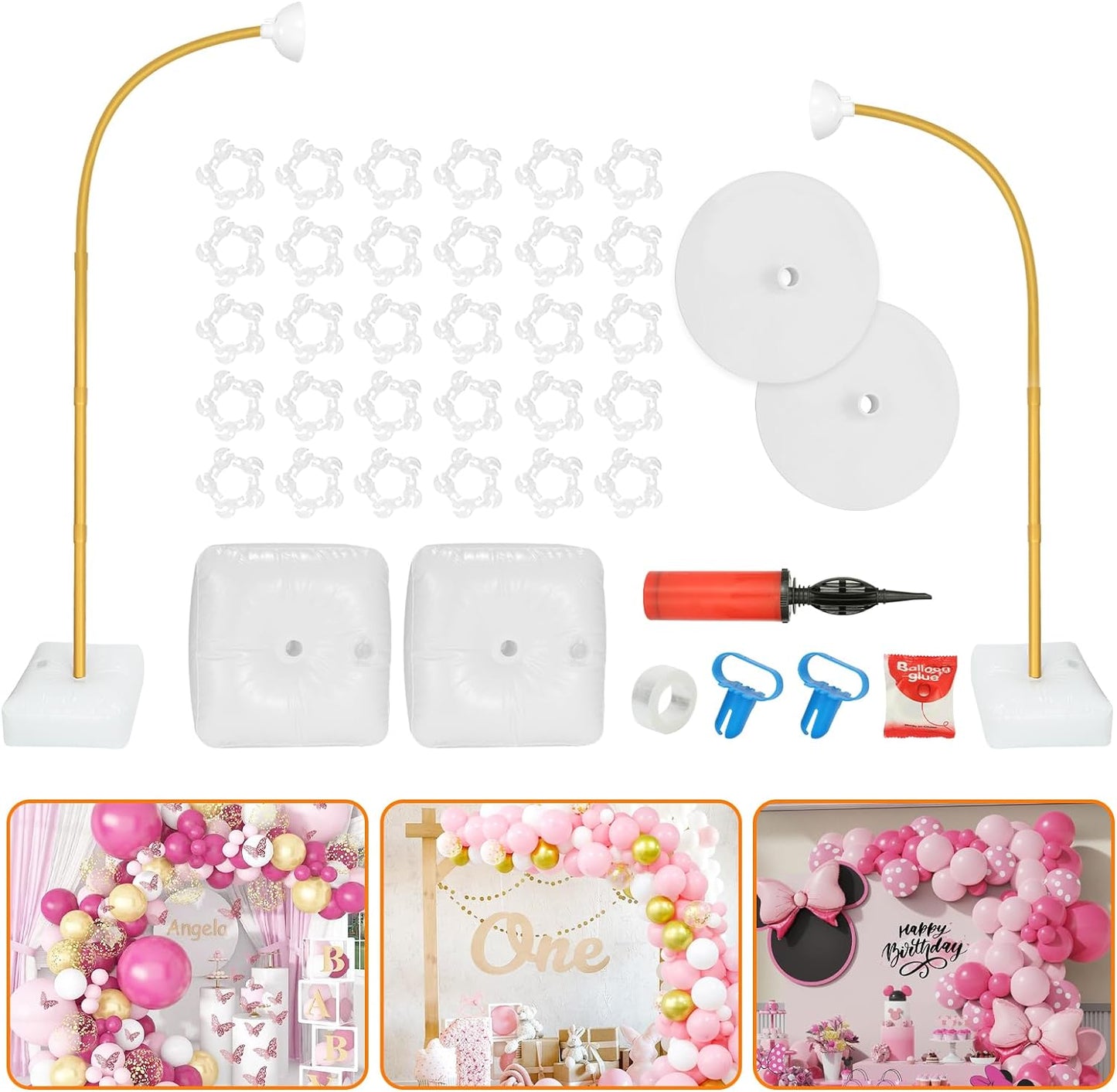 Balloon Arch Kit, Bendable 8FT and 6FT Balloon Arch Stand with Base and Manual Pump, Ballon Arch Stand Kit for Birthday Wedding Baby Shower Holiday Graduation Party Decoration(WHITE)