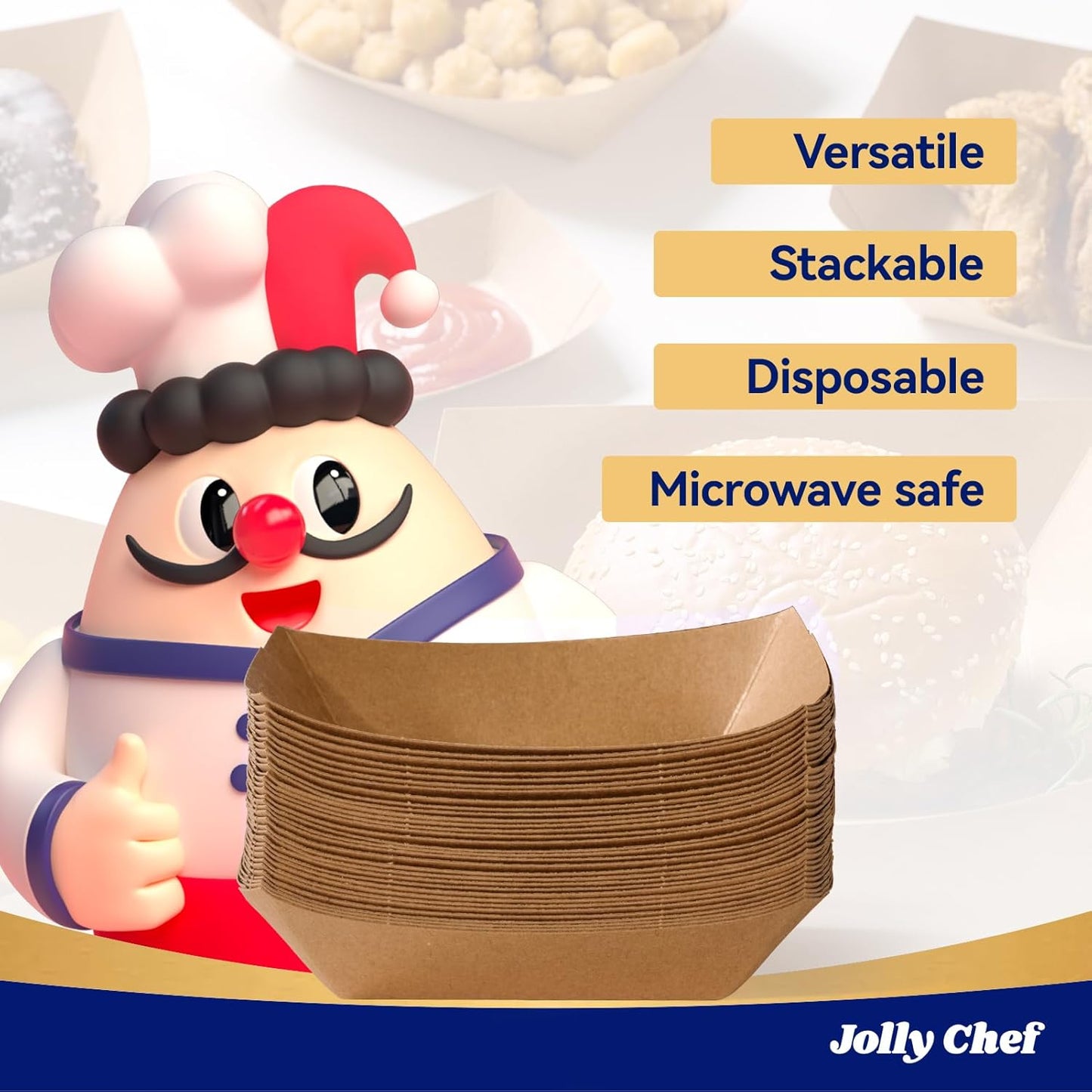 JOLLY CHEF 3lb Paper Food Trays,250 Pack Disposable Boat, Extra Large Food Serving Holder Tray for Gameday,Party, Nachos, Hot Dogs, Taco, French Fries