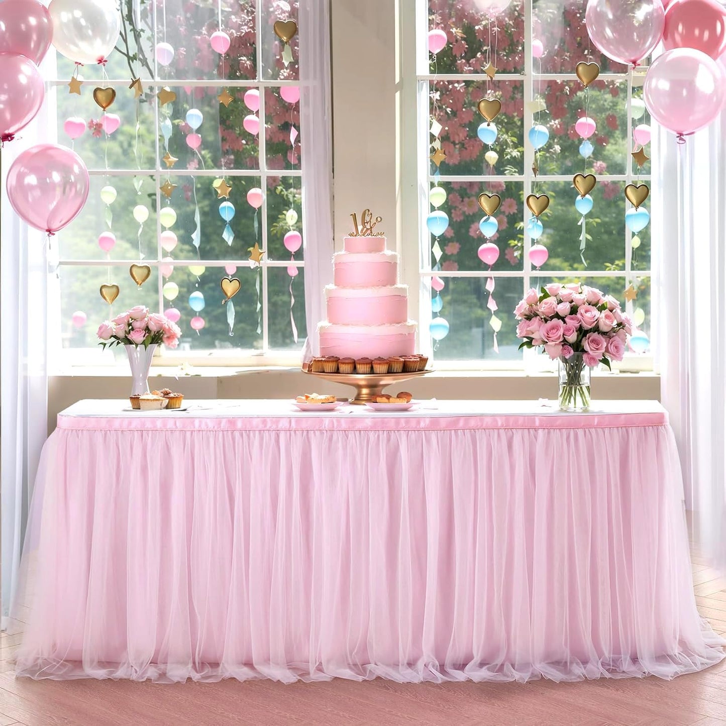 72inch Champagne Gold Tulle Table Skirts for Rectangle Round Tables, Gold Grim Ruffle Tulle Tutu Cloth Table Skirt 6ft for Wedding Birthday Party Cake Dessert Decor(No Top Cover)