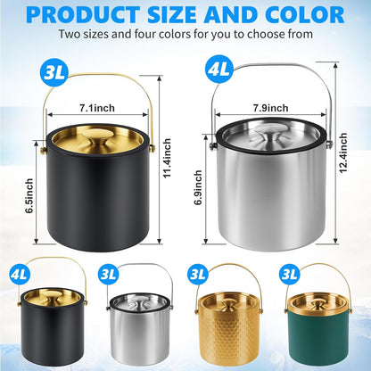 Ice Bucket, Ice Bucket with Silicone Sealing Ring Double-Wall Vacuum Insulation Champagne Buckets with Filter Layer Ice Tongs Ice Scoop (Gold, 3 L)