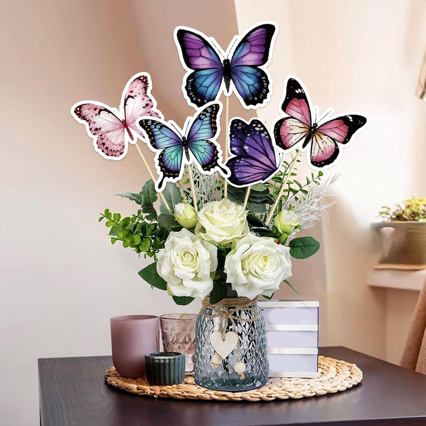 Beautiful Butterfly Centerpiece Sticks - Floral Baby Shower or Birthday Table Toppers - Butterfly Themed Gender Reveal Bridal Shower Party Decoration- Set of 15