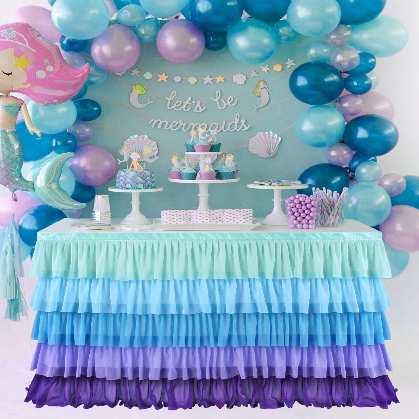 Pastel Rainbow Table Skirt Ruffle Party Tablecloth for Rectangle Table 6ft Birthday Party Baby Shower