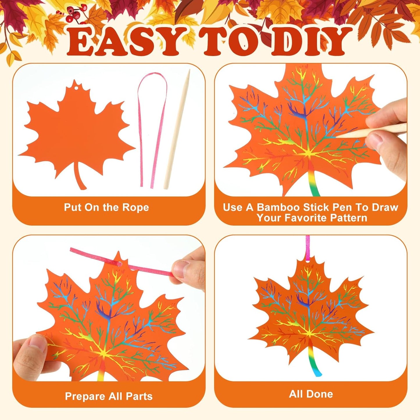 Frienda 80 Sets Fall Crafts Thanksgiving Scratch Crafts Colorful Color Scratch Maple Leaves Art Thanksgiving Arts and Craft for Classroom Activities Party Favors, 8 Design