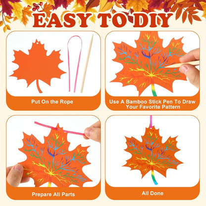 Frienda 80 Sets Fall Crafts Thanksgiving Scratch Crafts Colorful Color Scratch Maple Leaves Art Thanksgiving Arts and Craft for Classroom Activities Party Favors, 8 Design