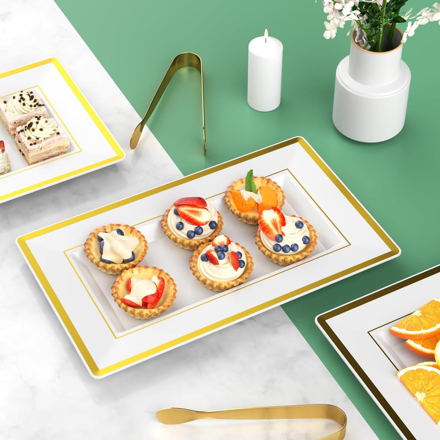 6 Sets Plastic Serving Trays with Serving Tongs, White & Gold Rim Disposable Plastic Serving Platters for Food Fruit Dessert Tea Party Wedding