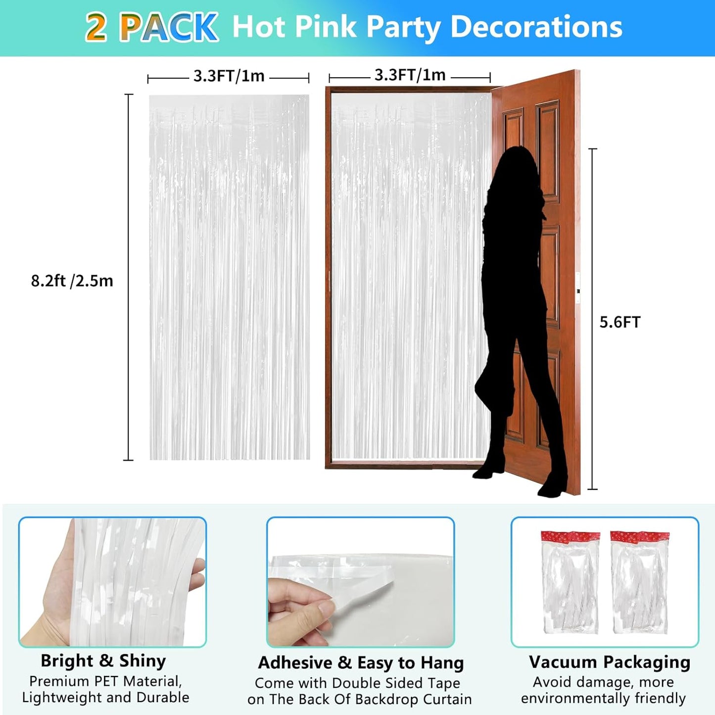 2 Pack Foil Curtain Backdrop Curtains Silver Tinsel Door Streamers Birthday Party Decorations Photo Booth Props for Disco Party Graduation Wedding Baby Shower Bachelorette Christmas Gender Reveal