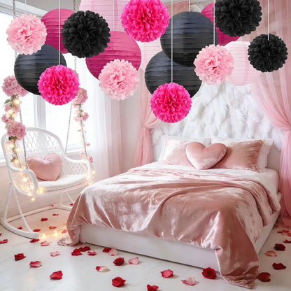 18 PCS Tissue Paper Pom Poms, Tissue Pom Poms Flowers, Sizes of 6", 10", 12", 14" Hanging Paper Flower Ball for Wedding, Birthday, Halloween, Christmas, Baby Shower Party Decor (Red Black Gold)