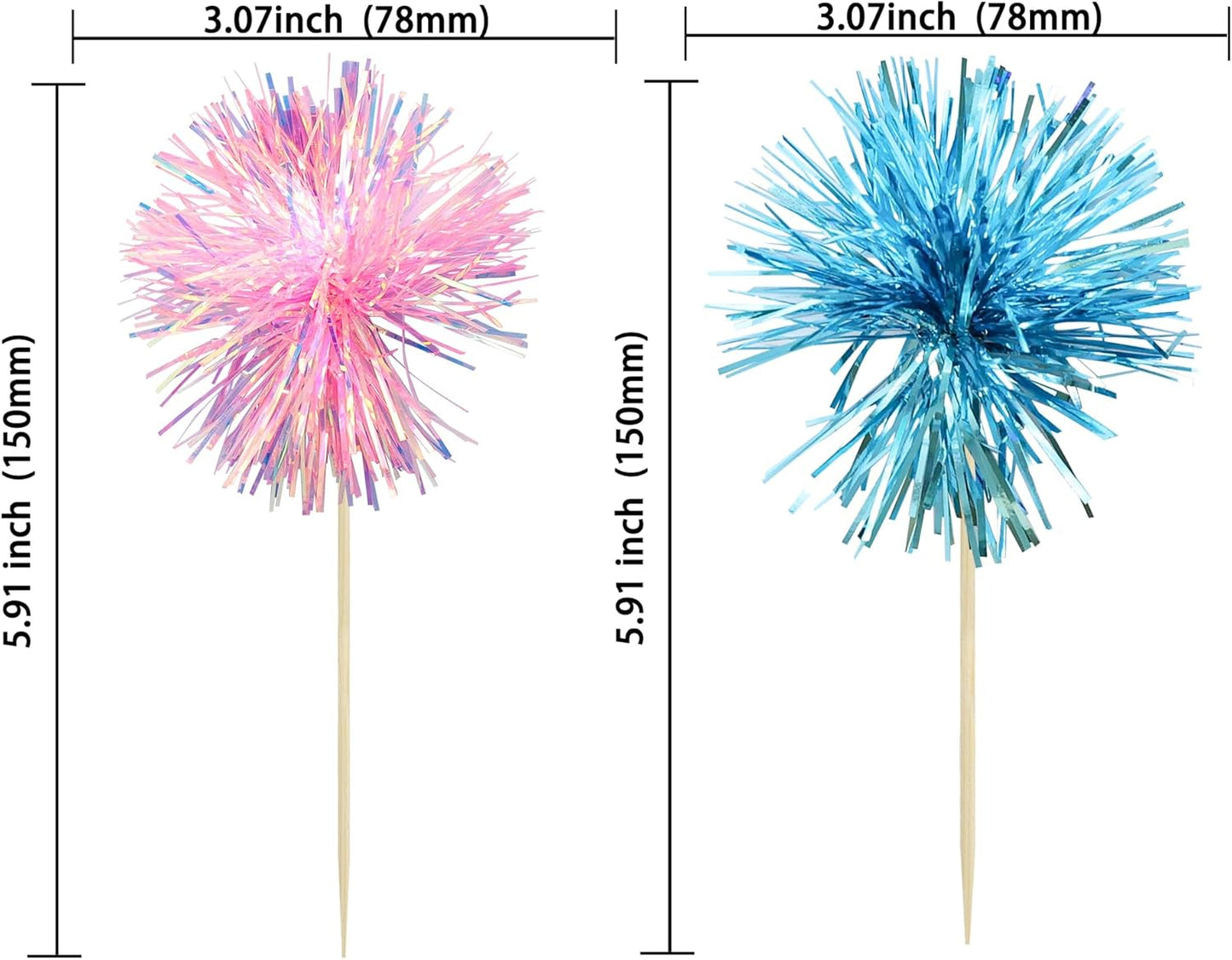 Ephlyn 30Pcs Foil Firework Cupcake Toppers Sparkle Tinsel Cupcake Picks Drink Stirrers Cocktail Food Fruit Toothpicks for Baby Shower Graduation Party Supplies White